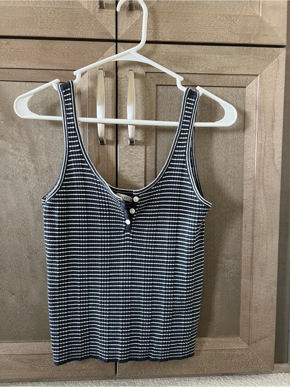 Navy & White Striped Ribbed Tank Top with Button Placket